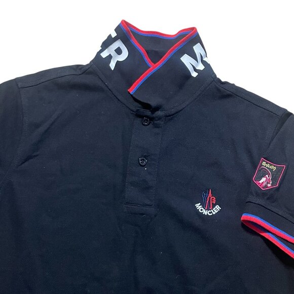 Moncler Polo Shirt Mens Medium Black Slim Fit Knit Embroidered Logo - Picture 1 of 5